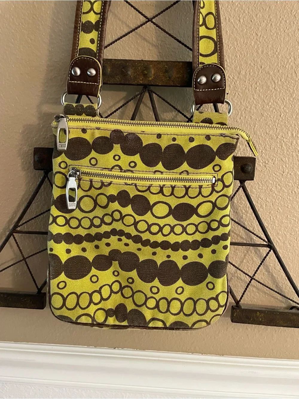 Angela Adams Vintage Mustard Yellow and Brown Circles Crossbody Purse